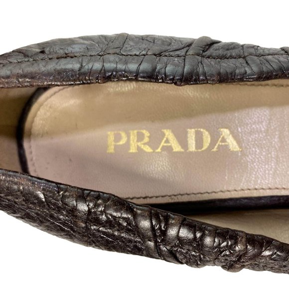 Authentic Prada Brown Crinkle Leather Chunky Heel Pumps EU 38 US 8 - Picture 4 of 8